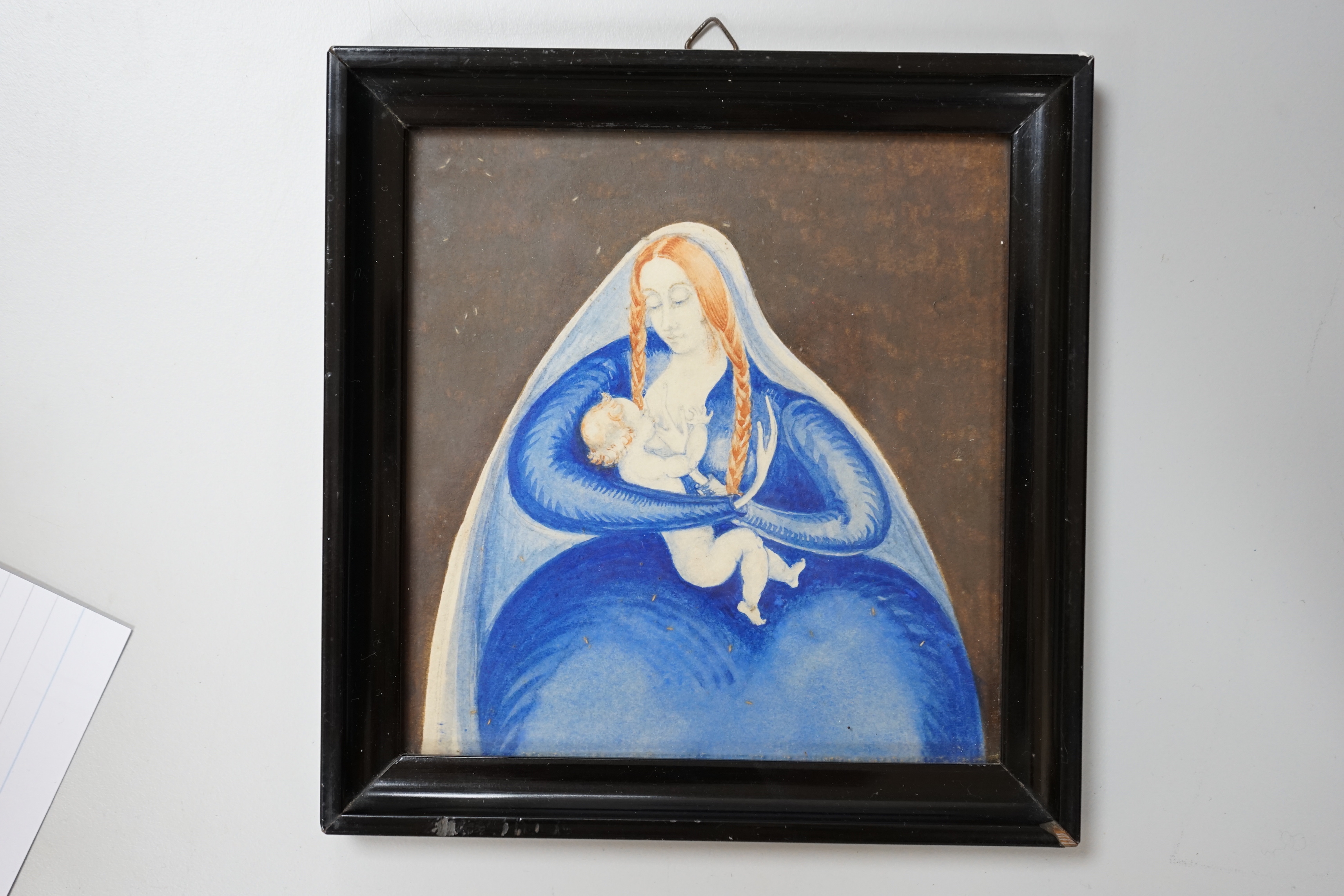 German School, watercolour on card, The Virgin and child, Karl Nagel label and indistinct ink inscription verso, 14 x 13cm, housed in an ebonised frame